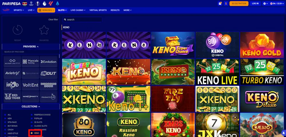Paripesa Keno Games Screenshot